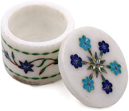 גלריית טאג 'קופסת תכשיטים עגולה בעבודת יד | עבודת שיבוץ אבן יקרה למחצה